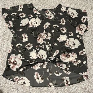 West Kei Olive Floral Twist Front Blouse Small EUC